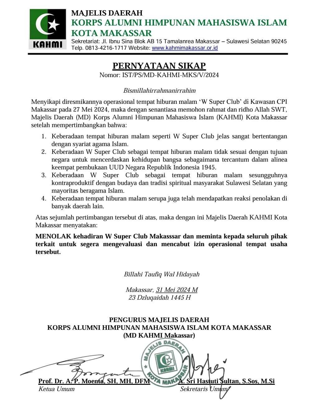 Pernyataan Sikap Resmi MD KAHMI Makassar terkait pembukaan W Super Club di Kawasan CPi Makassar