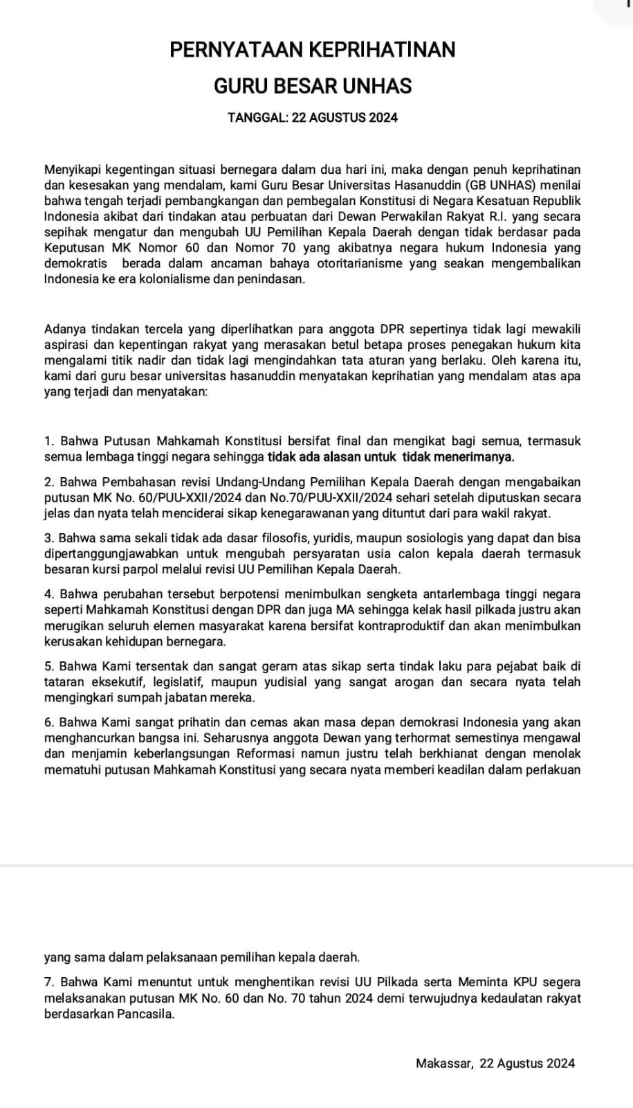 Pernyataan Keprihatinan 97 Guru Besar Unhas