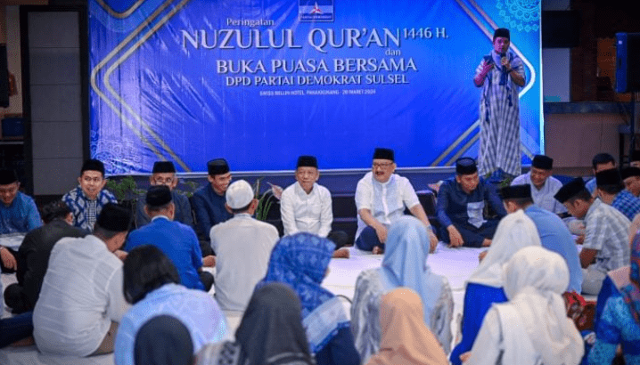 Dewan Pimpinan Daerah (DPD) Partai Demokrat Sulawesi Selatan (Sulsel) menggelar peringatan Nuzulul Quran sekaligus buka puasa bersama di Hotel Swiss-Bell Makassar pada Kamis, 20 Maret 2025.