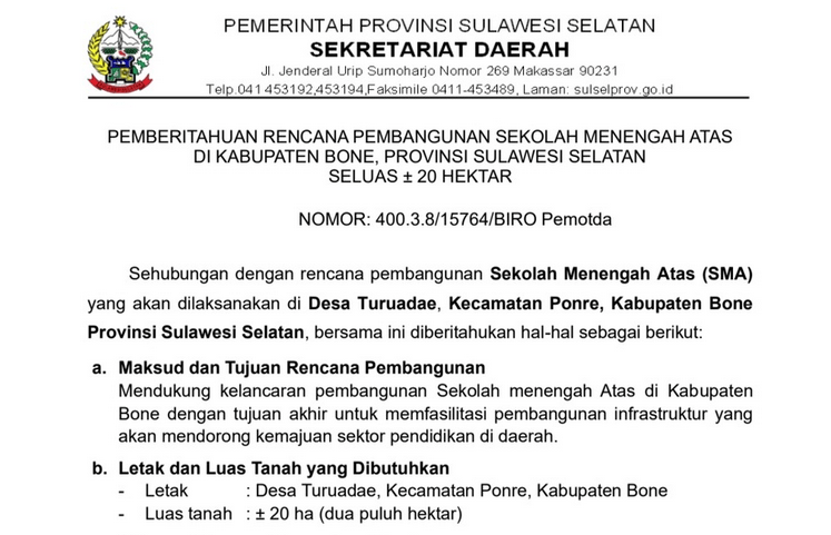 Pemprov Sulsel Siapkan Pembangunan SMA Baru di Kabupaten Bone