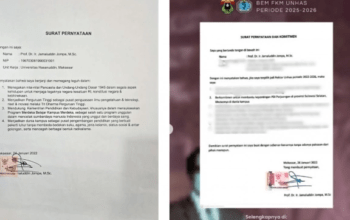 Kolase surat pernyataan Rektor Unhas yang dikeluarkan oleh Humas Unhas dan surat pernyataan yang diunggah oleh akun media sosial BEM FKM Unhas