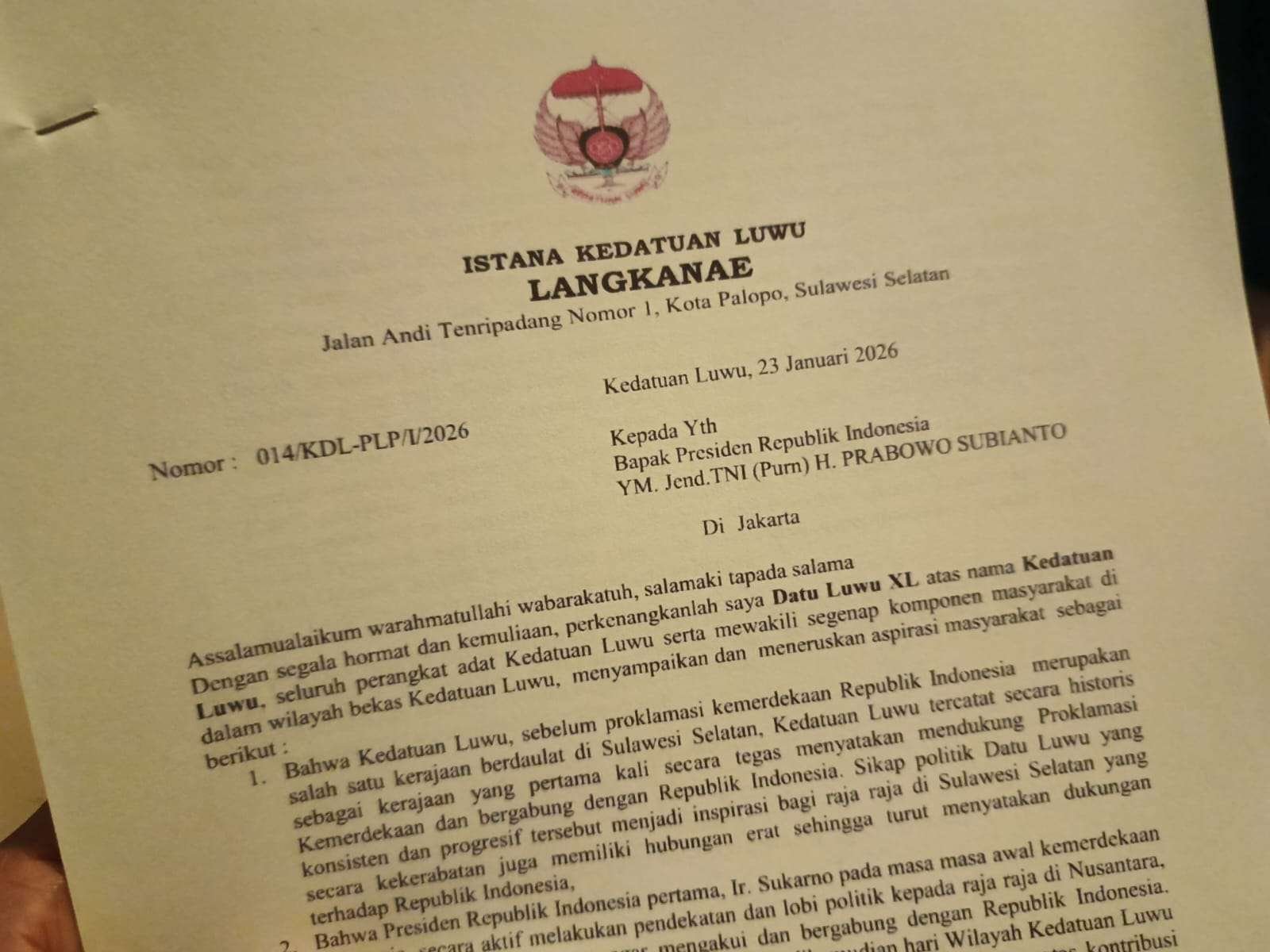 Surat Kedatuan Luwu ke Presiden Prabowo Subianto